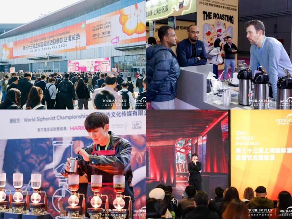 Trade professionals at 34th HOTELEX Shanghai Hotel Expo, showcasing hospitality industry innovations.